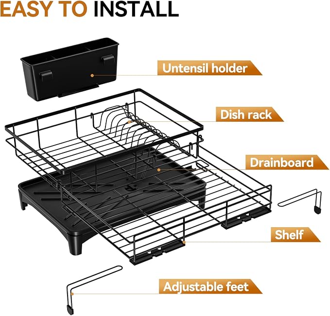 Laveshop Dish Drying Rack - Expandable Rack, Large Capacity Dish Drainer for Kitchen Counter, Rust-Proof with Utensil Holder, Black