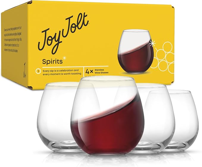 JoyJolt Spirits Stemless Wine Glasses for Red or White Wine (Set of 4)-15-Ounces