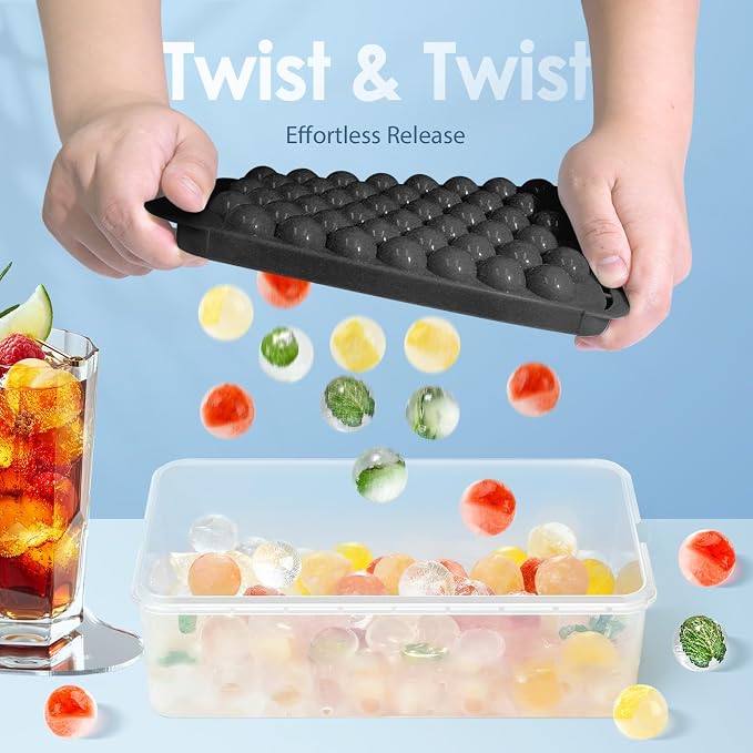 Ice Cube Tray with Lid and Bin, 0.8" Round Ice Trays for Freezer | 2 Black Ice Cube Trays with Ice Box & Tong, 0.8" Round Ice Balls for Iced Coffee & Juice, Easy Twist Release, For Gatherings