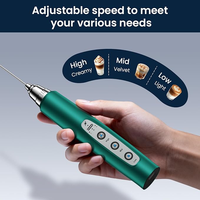 Milk Frother Wand Rechargeable Handheld Electric Whisk 3 Speed Adjustable | Coffee Frother Wand with 3 Stainless Whisks Electric Foam Maker Drink Mixer Blender for Latte Cappuccino Matcha Egg