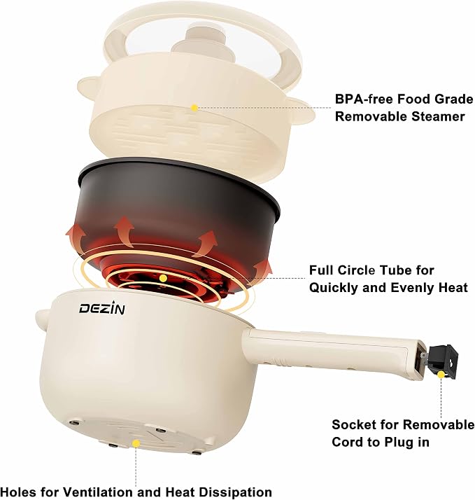 Dezin 2L Hot Pot Electric, Non-Stick Electric Pan, 700W Adjustable Power | Electric Pot for Cooking/Steak/Egg/Fried Rice/Ramen/Soup, Portable Pot for Dorm/RV/Family/Travel/Camping, Include Spatula
