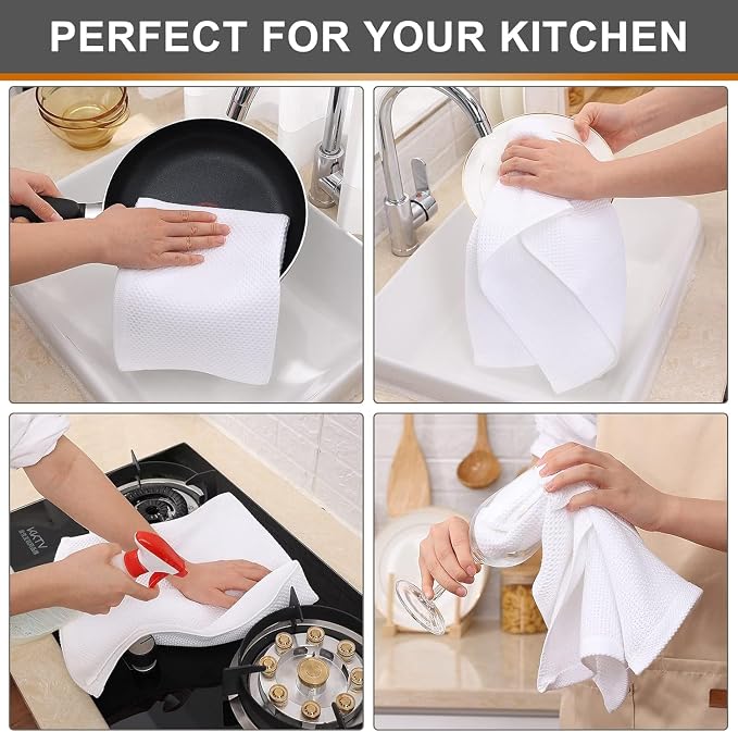 Kitinjoy 100% Cotton Waffle 12-Pack Kitchen Towels, 13" x 28", White | Super Soft, Ultra-Absorbent, Fast Drying, lightweight, Quick Drying Kitchen Hand Towels