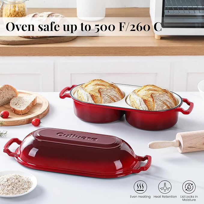 Cast Iron Bread Pan with Lid, Mini Enamel Sourdough Baking Dutch Oven Pot, Double Round Loaf Space for Homemade, Bread, Cake, Meatloaf, 16.5cm Diameter, 500°F Oven Safe, Non Stick, Red