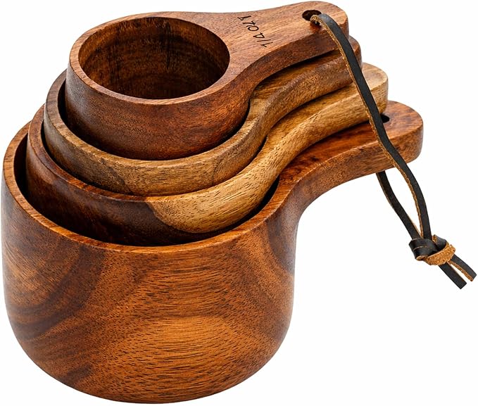 Wooden Measuring Cups and Spoons Set - Eco-Friendly Solid Acacia Wood, Laser Engraved Measurements, Perfect for Baking & Cooking - Ideal for Bakers (4-Pc Acacia Wood Measuring Cups)