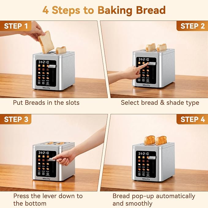 Mecity 2 Slice Toaster Smart Touchscreen, Stainless Steel Wide Slot Toasters Defrost, Reheat, Memory Function, Auto Shutoff, Digital Electric Bread Toaster for Bagel Muffin Waffle, 120V