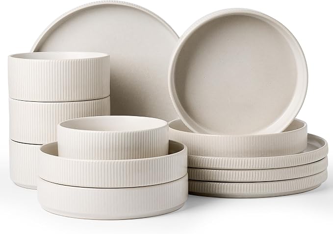 Famiware Star Stoneware Dinnerware Sets, 12-Piece Dishes for 4, Matte White | Dinner Plates, Pasta Bowls, Cereal Bowls, Dishes, Everyday & Party Use, Chip & Scratch Resistant, Microwave & Dishwasher Safe