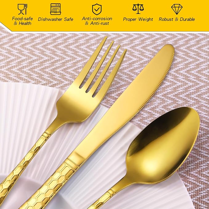 30 Pcs Gold Hammered Silverware Set Service for 6,with Steak Knives Stainless Steel Flatware Set,Mirror Cutlery Utensil,Durable Kitchen Tableware,Ripple Teardrop Fork Knife Spoon,Dishwasher Safe