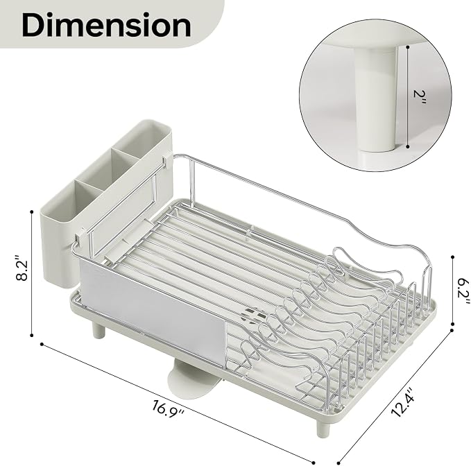 Urackify Dish Drying Rack, Stainless Steel Dish Rack with Auto Drain | Rustproof Dish Drainer with Cutlery Holder & Auto Drain, 16.9" L x 12.4" W Big Load for Plate Dish Sliverware, Light Geen
