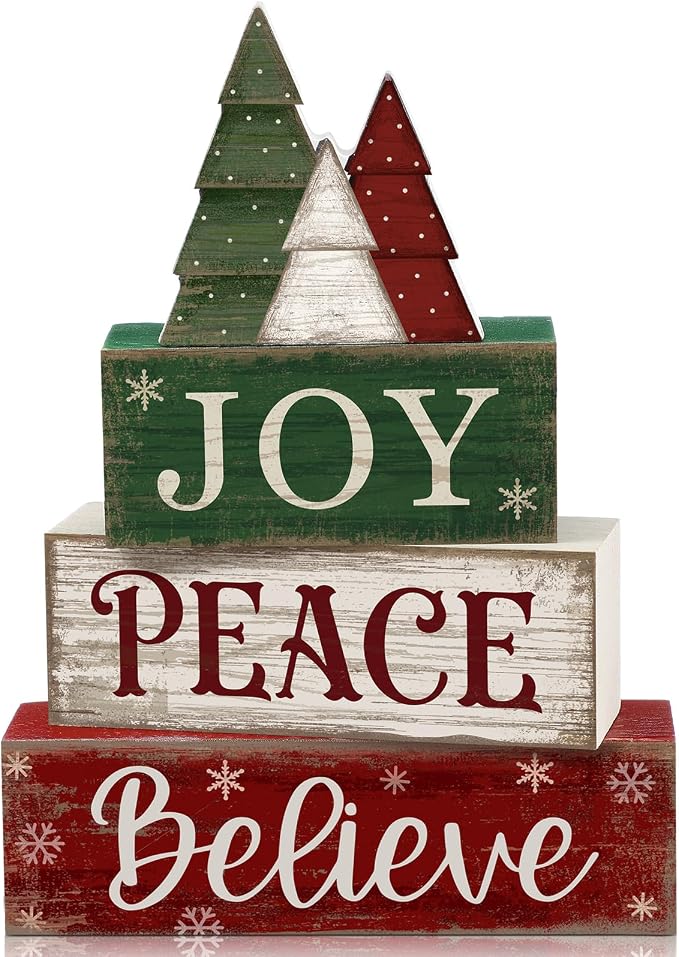 Lineshading 4 Pcs Christmas Table Decor, Wooden Tree Block Sign Home Tray | Red Green White Rustic Tree, Christmas Centerpiece For Tiered Tray, Wooden Block Display, Holiday Kitchen Shelf Home Decor