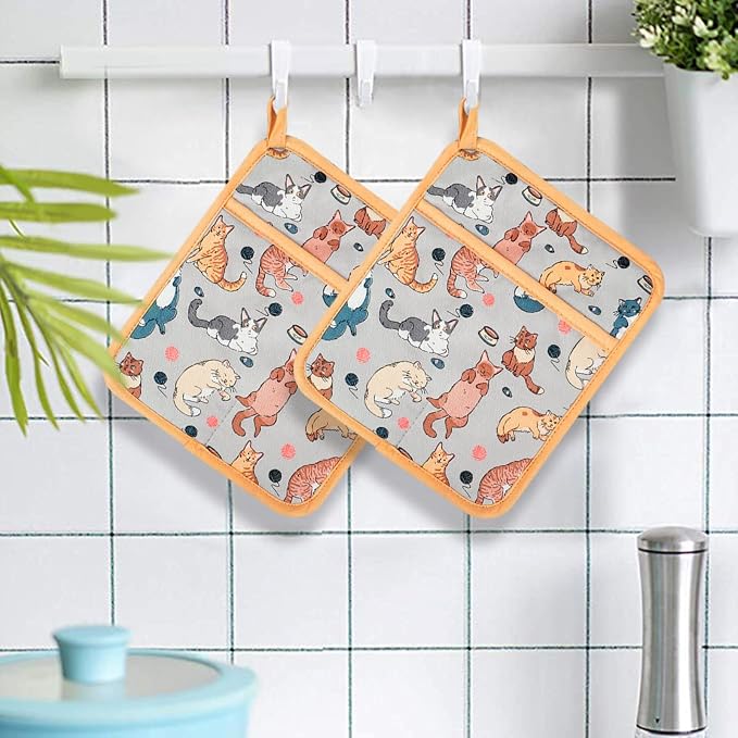 Pot Holders Set of 2 Heat Resistant 480℉ Kitchen 100% Cotton | Comfortable Lining Printing Fox Flower Women Men Home Cooking Baking Microwave BBQ Gift (Cat potholder)