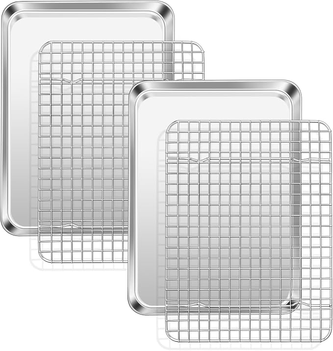 TeamFar Cookie Sheets with Cooling Racks, 2 Pans + 2 Racks, 12.5x9.5x1 Inch | Stainless Steel Cookies Sheet Baking Tray Pan with Grid Cooling Rack for Toaster Oven, Healthy & Heavy-Duty, Dishwasher Safe