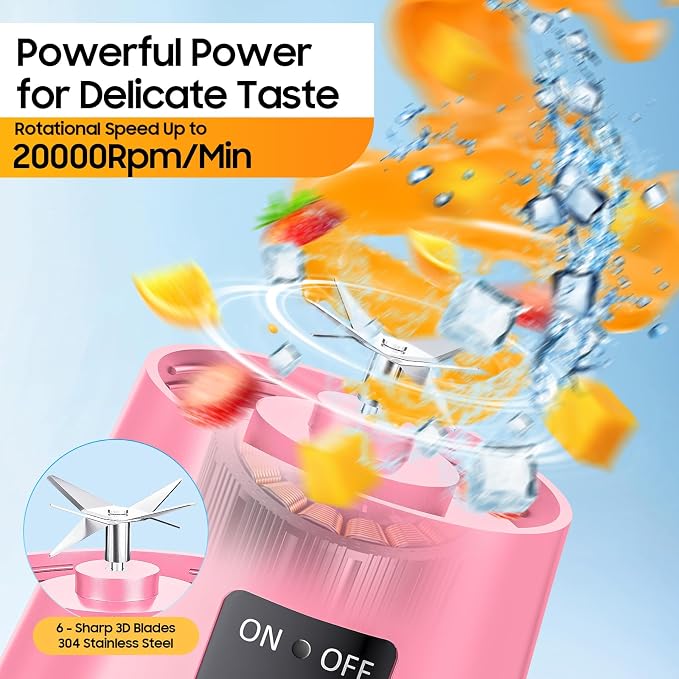 Portable Personal Size Mini Blender - 2026 New Upgrade Smoothies Blender | Small Blender with 380Ml Traveling BAP Free Cup for Sports/Home, 6 Blades Easily Squeeze Fresh Juice, 20000Rpm/Min Speed