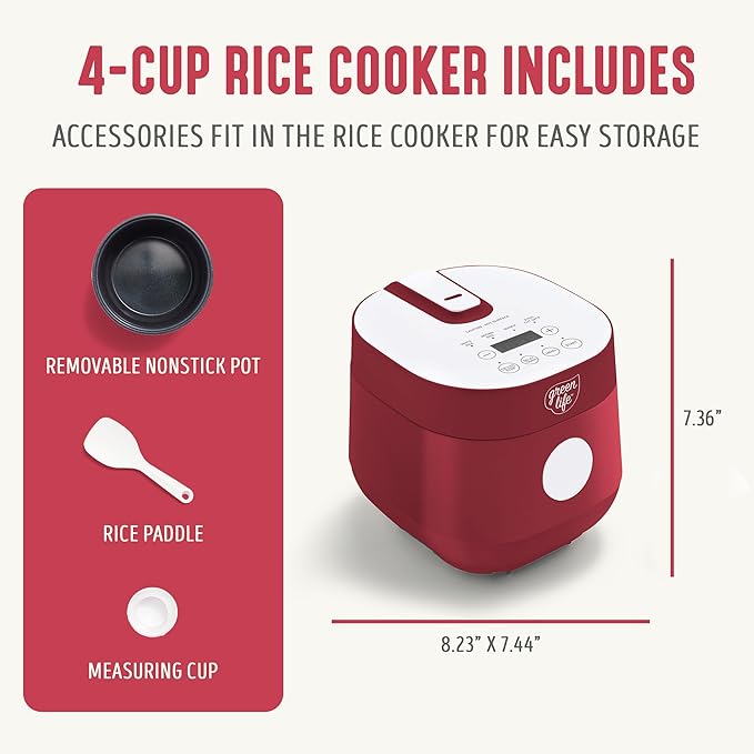 GreenLife Digital Rice Cooker, 2-Cups Uncooked/4-Cups Cooked, Red | PFAS-Free Ceramic Nonstick Coated 1.5QT Pot, One-Touch Presets, Oats, Quinoa, Brown Rice, Auto Warming, Fuzzy Logic Tech