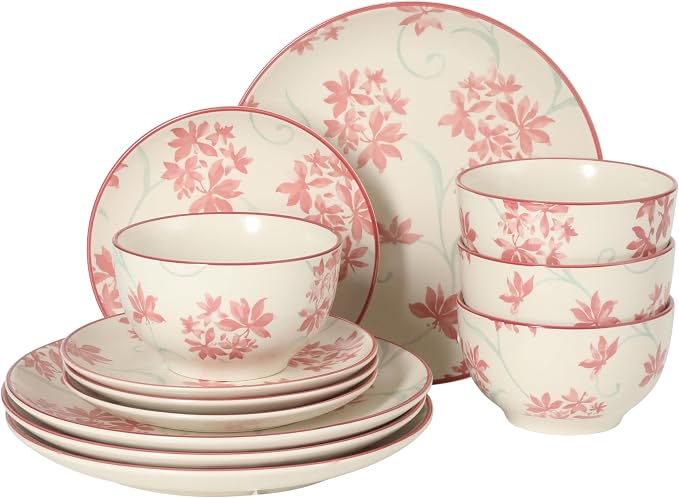 Gibson Home Admiral Hall 12-Piece Matte Stoneware Dinnerware Set – Dinner Plates, Salad Plates & Bowls with Pink Floral Pattern, Durable Everyday Dish Set, Microwave & Dishwasher Safe