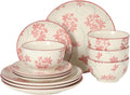 Gibson Home Admiral Hall 12-Piece Matte Stoneware Dinnerware Set – Dinner Plates, Salad Plates & Bowls with Pink Floral Pattern, Durable Everyday Dish Set, Microwave & Dishwasher Safe