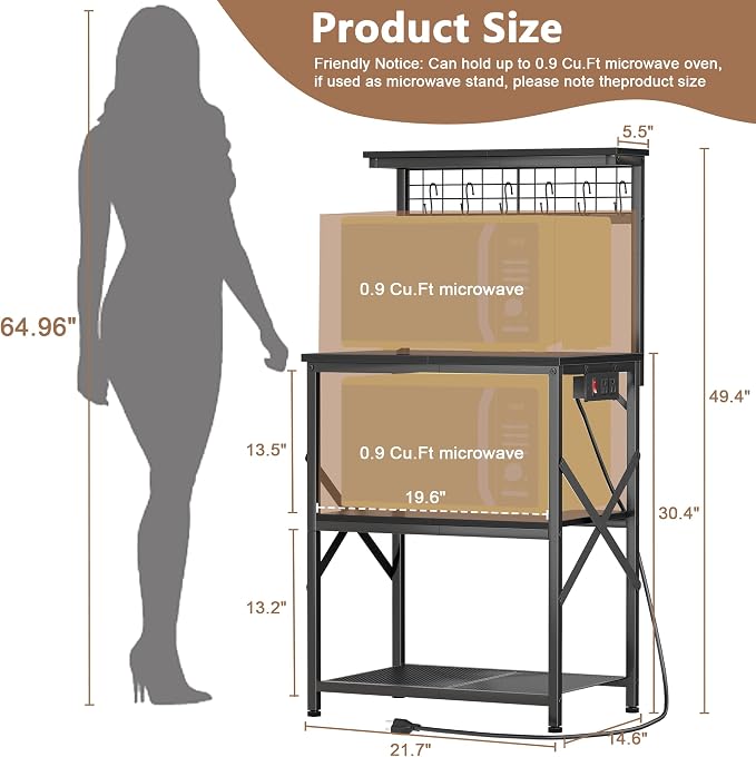 Furologee Kitchen Bakers Rack with Power Outlet, Microwave Oven Stand with Storage 4 Tiers, Coffee Bar Table with 6 S Hooks, Kitchen Storage Shelf Rack for Spices, Pots,Black