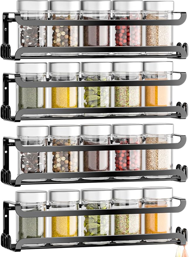 LUCYCAZ 4 Pack Wall Mounted Spice Rack for Kitchen Cabinet,RV,Camper,Black | 16 Metal Hooks, Space-Saving,Screw or Adhesive Spice Shelf Hanging,for Pantry Door Spice Jars & Seasonings,11.41×2.75×2.36in