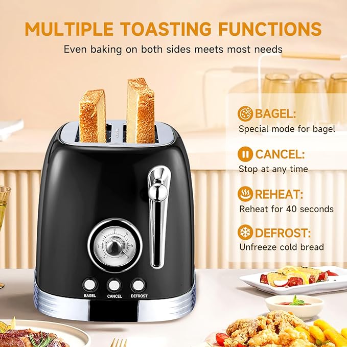 Wiltal Retro Toaster 2 Slice, 1.58" Extra Wide Slot Stainless Steel with Dust Cover and Warming Rack, Glossy Black Finish with Defrost/Reheat/Cancel Functions, Removable Crumb Tray