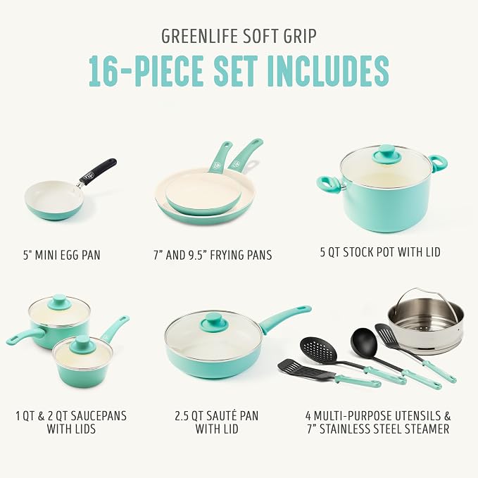 GreenLife 16 Piece Ceramic Nonstick Pots & Pans Cookware Set, Turquoise | PFAS-Free Ceramic Nonstick, Stockpot, Frying Pans, Saucepans, Sauté Pan, Stay-Cool Handles, Dishwasher & Oven Safe up to 350F