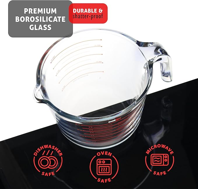 Eatex Glass Measuring Cups Set of 6 - Liquid Measuring Cups, Glass Measuring Cup Set - 1,2,4 Cup Measuring Cup - Dishwasher Oven, Microwave Safe Measure Cups