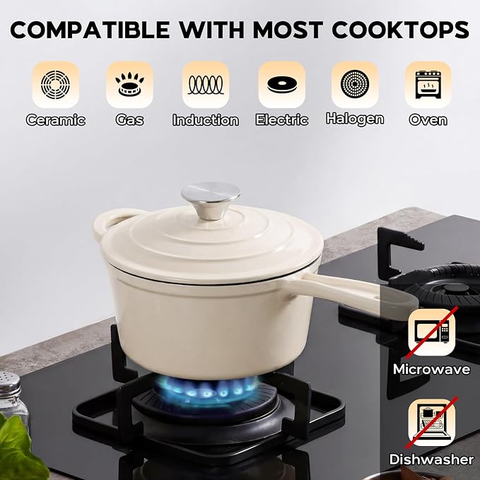 Onader Enameled Cast Iron Sauce Pan, 1QT Small Saucepan with Lid, Cast Iron Sauce Pot, Enamel Dutch Oven, Nonstick & Heavy Duty – Cream White