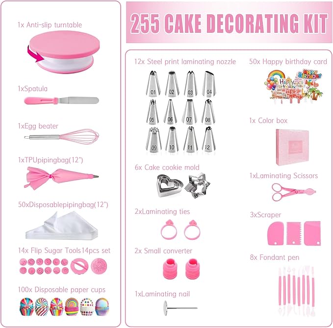 Cake Decorating Supplies Kit Tools 255pcs, Cake Decorating Set with Cake Turntable, 12 Numbered Icing Piping Tips, Cookie Cutters, Icing Smoother & Other Accessories for Cake Decoration (255, Pink)