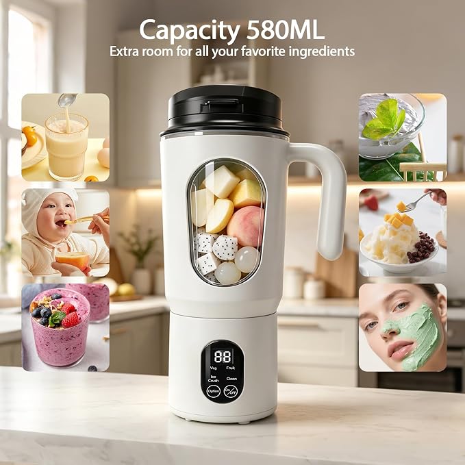 Personal Blender for Smoothies, 580ML USB-C Rechargeable | Portable Blender Cup, 12-Blade Smoothie Maker with Travel Lid, Handle & LED Display for Gym, Office, Travel and Outdoor