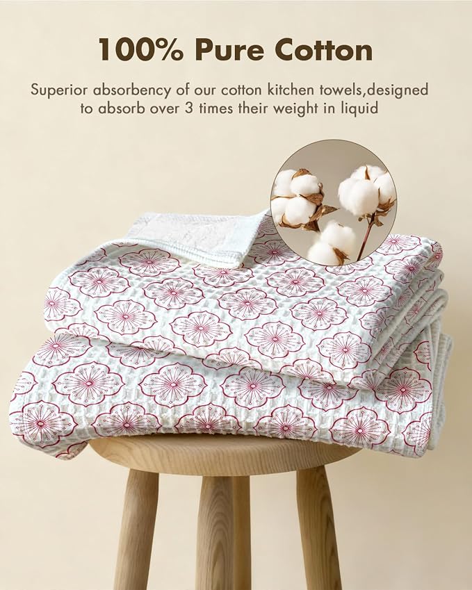 370GSM Cotton Waffle Kitchen Towels, Sakura | Pure Cotton, Sustainable, Waffle Weave, Terry Cloth, Highly Absorbent, Decorative, 16"x25", with Hanging Loop