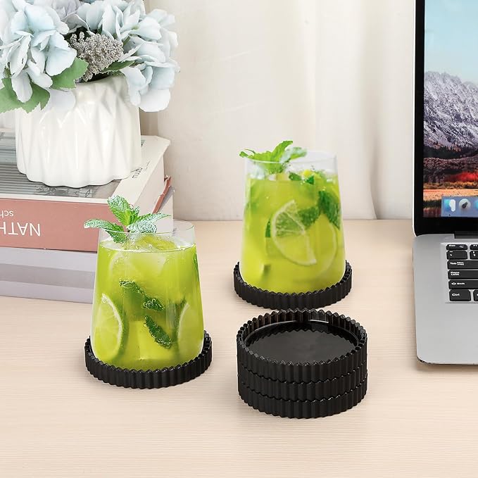 Glass Drink Coaster Set of 5- Coasters for Desk Coffee Table Black Coasters | Modern Round Cup Mats, Glass Coasters Coffee Table Decor for Kitchen, Bar, Dining Room, Living Room, Office