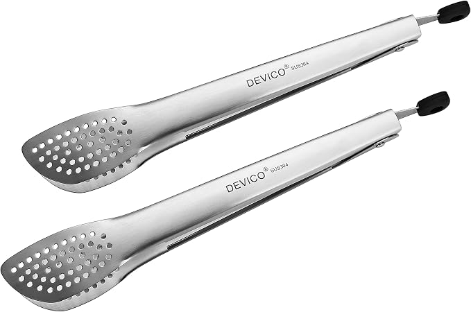 DEVICO 2Pcs 12 Inch 18/8 Stainless Steel Kitchen Tongs for Cooking, Brushed | Heat Resistant 600 Degrees BBQ Grill Tongs, Food Grade Metal Locking Tongs for Salad/Food/Serving/Frying, Dishwasher Safe