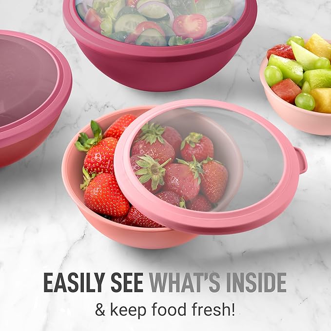 Zulay Kitchen 12 Piece Plastic Mixing Bowls with Lids Set - Leak-Proof Microwave & Freezer Safe Stackable Mixing Bowl Set for Preparing, Serving and Storing - Non-Slip Large Nesting Bowls (Red Ombre)