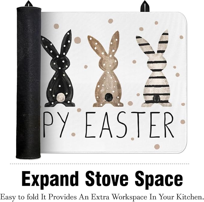 Happy Easter Glass Stove Top Covers for Electric Stove,Spring Rabbit Bunnies Polka Dots Heat Resistant Cooktop Protector Non-Slip Washable Dish Drying Mat Rug Pad for Kitchen Decor 28"x20"