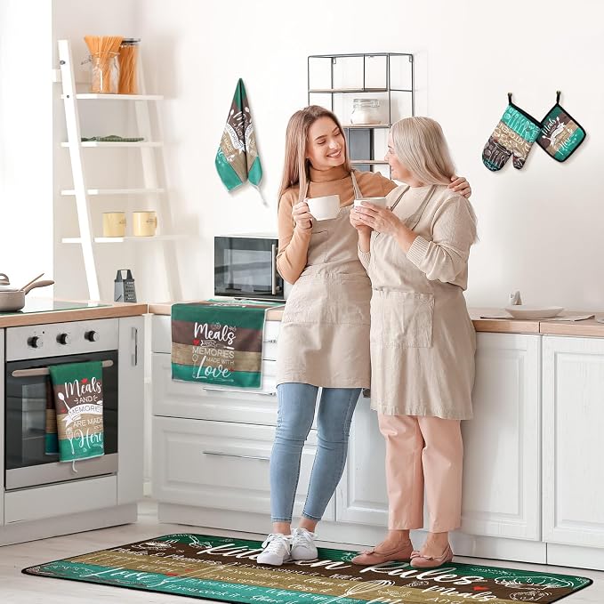 Fourluoo 10 Pcs Teal and Brown Kitchen Decor Set Farmhouse Oven Mitts and Pot Holders Sets Turquoise Dish Towels Kitchen Rugs and Mats for Home Decorations Baking Cooking Birthday Summer Gifts