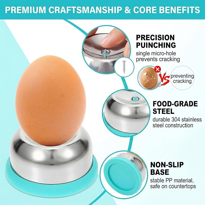 Egg Piercer 2PCS Stainless Anti-Burst | For Raw Eggs Perfect Hard Boiled, Spring-Loaded Safety Needle Design, Stainless Steel Tray & Anti-Slip Base, Dishwasher Safe