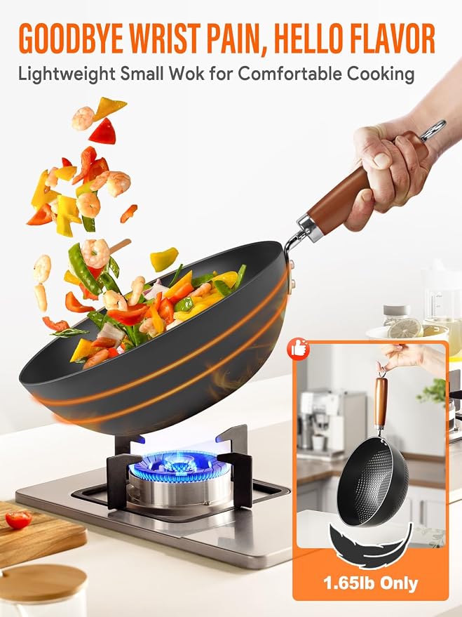 Carbon Steel Wok Pan, Flat Bottom Small Wok | Authentic Chinese Stir-Fry Pans Set with Glass Lid, 1.65lb Lightweight, Small Wok for 1-2 Servings. Wok with Lid