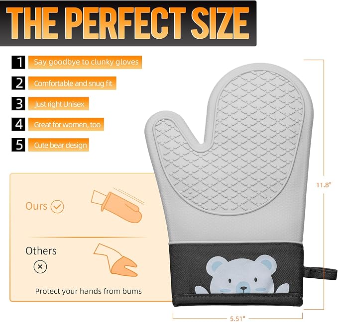 Silicone Oven Mitts Heat Resistant 500F, 2PCS Cute Bear Pattern Kitchen Oven Gloves with Cotton Lining, BPA-Free Baking Gloves - Flexible Non-Slip Grip Kitchen Mitts for Cooking Baking BBQ