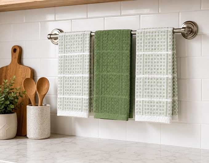 Sage Green Kitchen Dish Towels – Set of 3 100% Cotton Cloth Soft Cleaning Drying Absorbent Textured Waffle & Checkered Weave – Oversized 28" x 18" Multipurpose Towels for Everyday Use