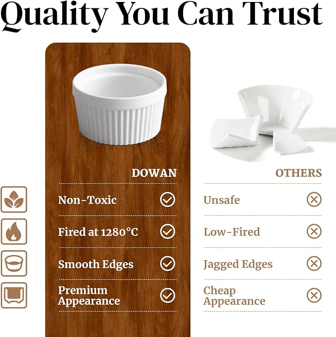 DOWAN 4 oz Ceramic Ramekins Set of 6, Oven Safe Souffle Dishes for Air Fryer Baking, Mini Round Baking Cups for Creme Brulee, Dipping Sauces, Desserts and Prep Bowls, White