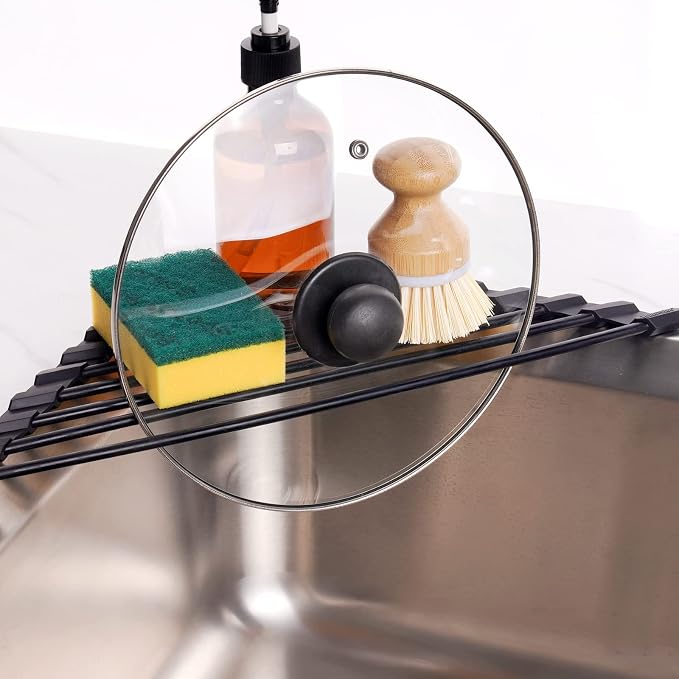 Tomorotec Triangle Roll Up Dish Drying Rack with Silicone Coating, Black | 304 Stainless Steel with BPA-Free Silicone, Triangle Design Maximizes Sink Corner Space, Fits Compact Kitchens And RVs