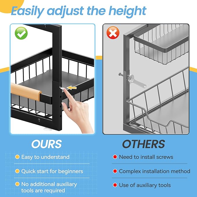 ADBIU Under Sink Organizer 2 Packs 2 Tier Expandable Height Under-Sink Organizers Slide Out Pull Out Organizer Shelf, Black