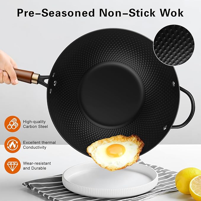 Todlabe Wok with Lid, 13 Inch Carbon Steel Woks & Stir-fry Pans Nonstick | Pre-Seasoned 5.6QT Flat Bottom Chinese Wok Pan with Lid, PFOA/PTFE free Cookware Compatible with All Cooktops