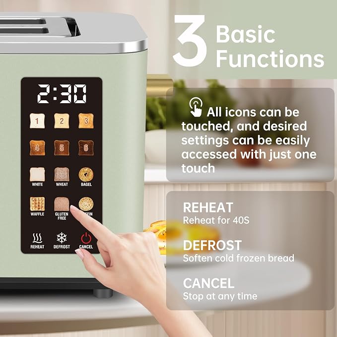 SEEDEEM Touchscreen Toaster 2 Slice, Stainless Steel, 6 Shade, 900W, Green