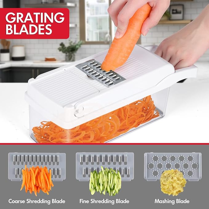 Ourokhome Vegetable Chopper Onion Cutter, 12 in 1 Professional Mandoline Slicer for Kitchen, Multifunctional Food Chopper for Potato, Tomato, Veggie with Strainer Basket, 8 Blades, White