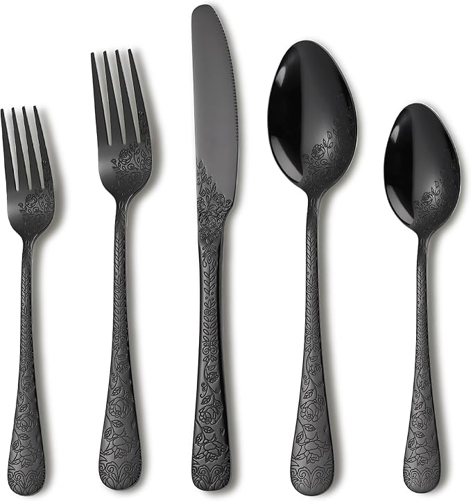 Runfly Modern Carved Floral Black Stainless Steel 20-Piece Flatware Set | Silverware Set, Vintage Utensil Set, Cutlery Set for Home and Kitchen, with Knife/Fork/Spoon