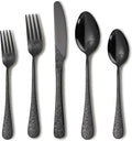 Runfly Modern Carved Floral Black Stainless Steel 20-Piece Flatware Set | Silverware Set, Vintage Utensil Set, Cutlery Set for Home and Kitchen, with Knife/Fork/Spoon