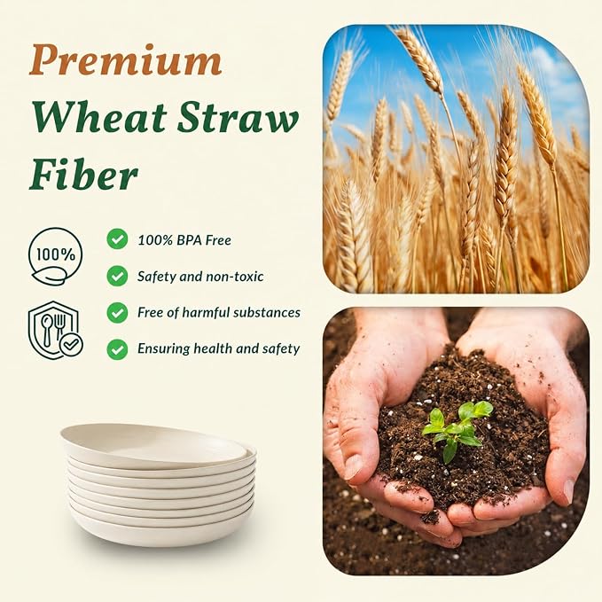 Wheat Straw Dinner Plates Set of 8, Unbreakable, Dishwasher & Microwave Safe, Modern Style, 9 inch, Beige