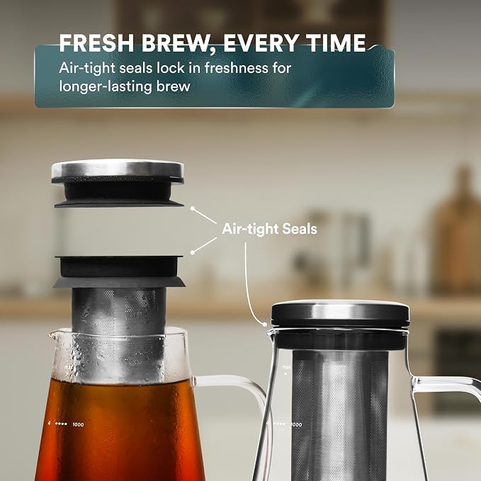 OVALWARE Airtight Cold Brew Coffee Maker with Tea Infuser & Spout 1.0L/34oz | Borosilicate Cold Brew Coffee & Iced Tea Maker with Removable Strainer & Spout | Ideal for Home Baristas & Tea Enthusiasts
