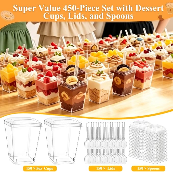 450 Pack Plastic Dessert Cups with Lids and Spoons, 5 oz Mini Dessert Cups | Clear Yogurt Cups with Lids, Small Appetizer Cups for Fruit Party Pudding Shooter