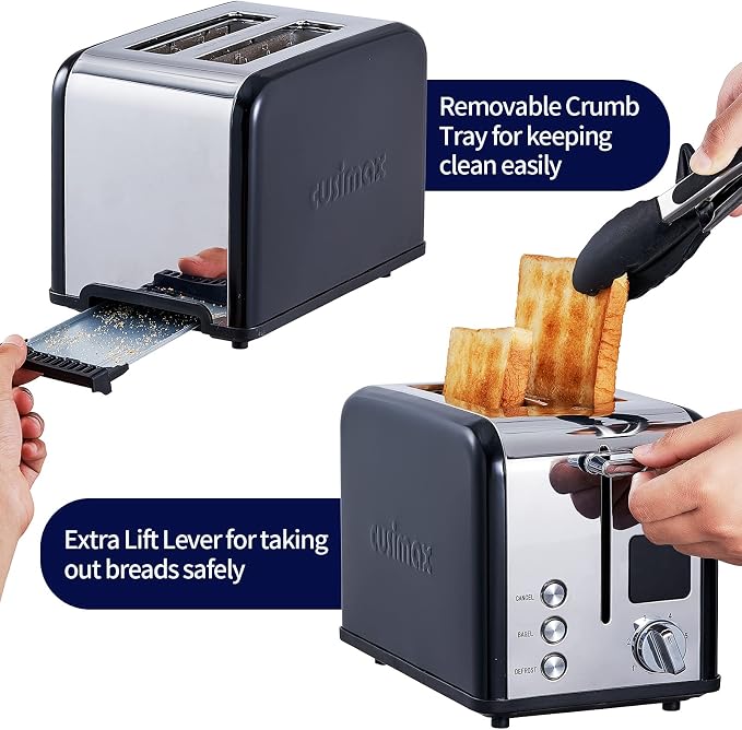 CUSIMAX 2 Slice Stainless Steel Toaster with Digital LED Display, Black | 1.5'' Wide Slots for Bagels & Thick Bread, Countdown Timer, 6 Browning Levels, Bagel/Defrost/Cancel, Removable Crumb Tray