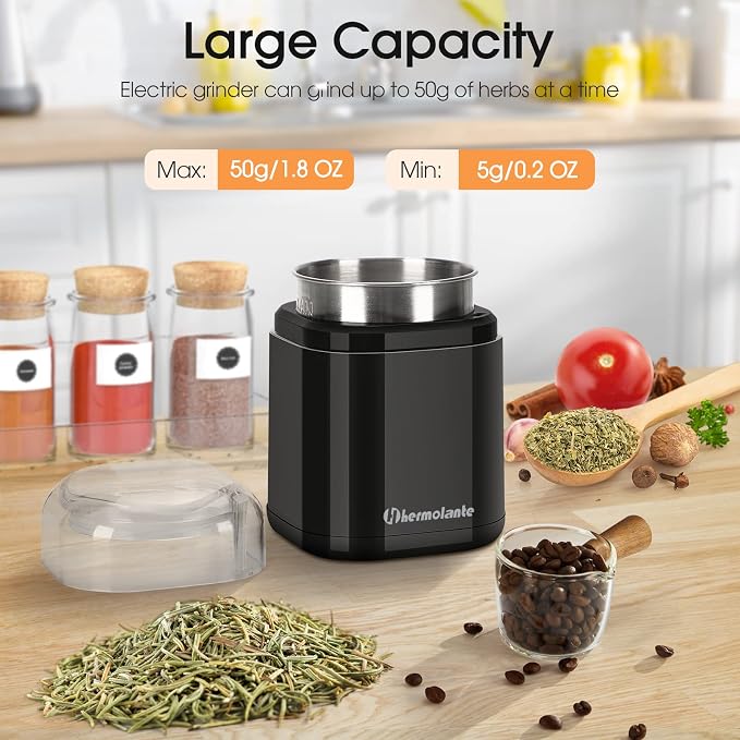 Hermolante Herb Grinder Spice Grinder, 200 w Herb Grinder with Stainless Steel Blade and Cleaning Brush, Compact Size Electric Grinder for Herbs and Spices -5.11in (Black)